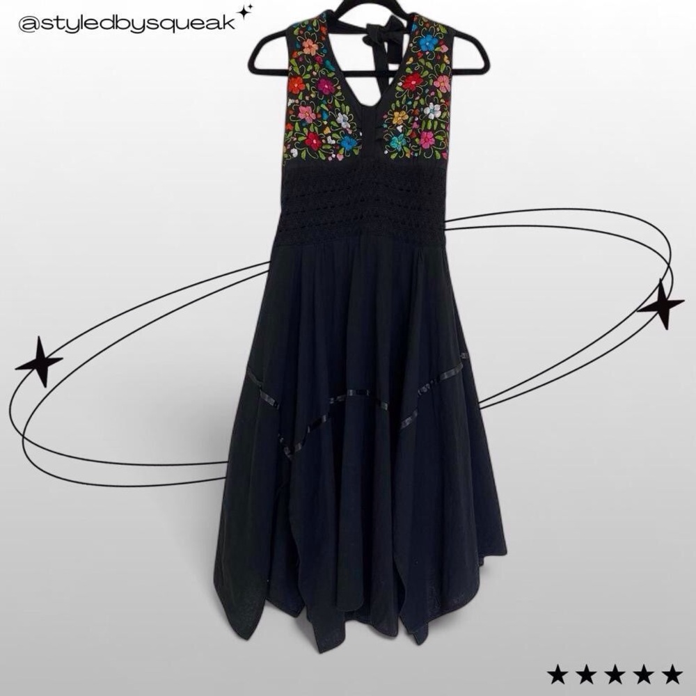 Vintage 90s Black Halter Floral Embroidered Handkerchief Midi Dress Small